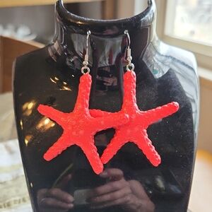 Bright Red Starfish Dangle Earrings Handmade From Plastic Kids Toys